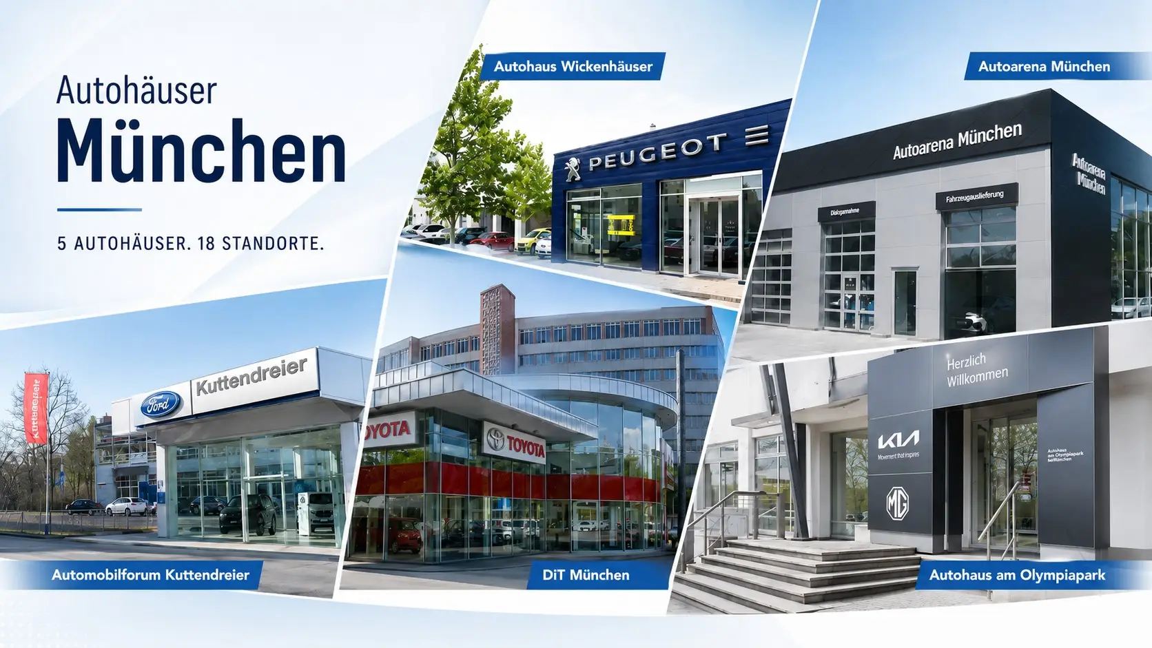 Übersicht über alle fünf Autohäuser in München und deren Gebäude